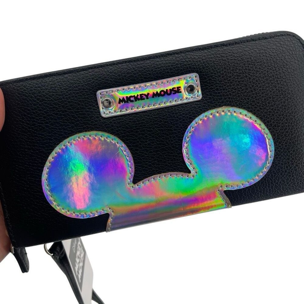 Disney Mickey Mouse Black Holographic Ears Zip Around Wallet Wristlet NWT